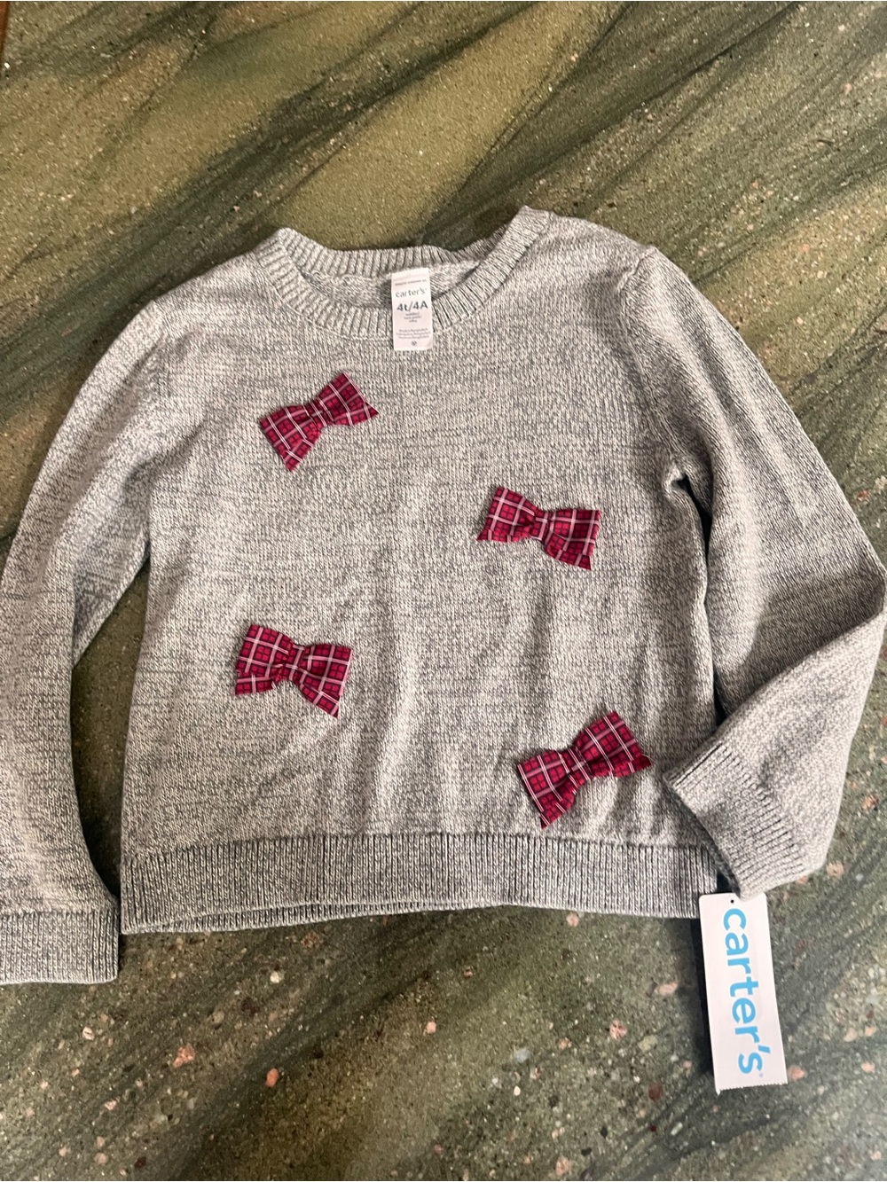 Carter's Girls' Gray Sweater with Red Plaid Bow Accents